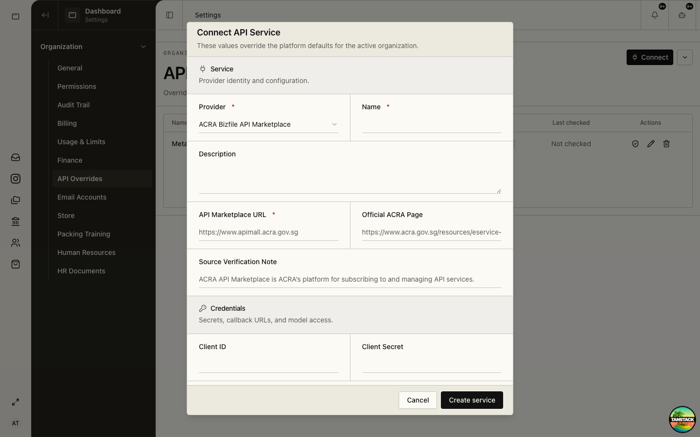 ACRA API Marketplace connection form and credential fields