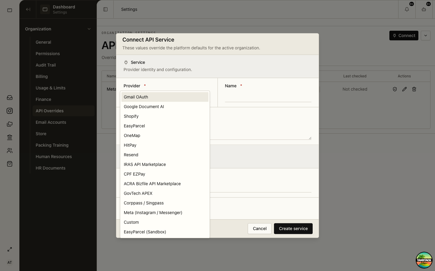 Organization API provider selector listing supported business connections