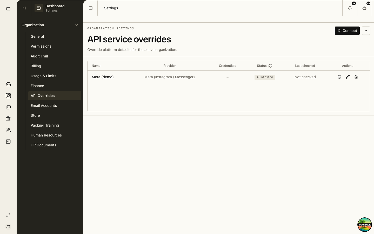 Organization API overrides table with connection status and actions