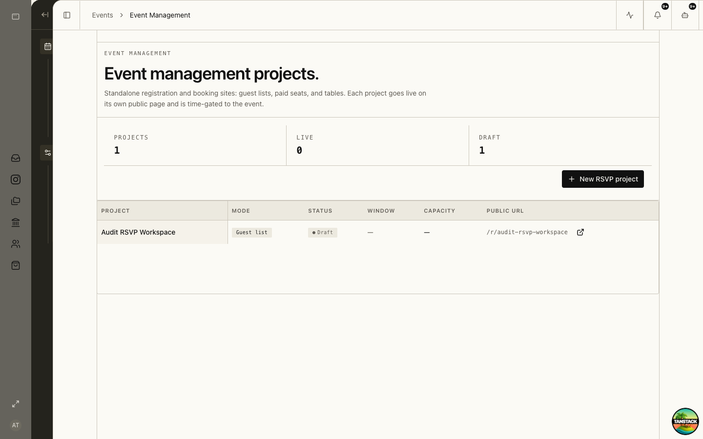 Event Management workspace for registration and booking sites