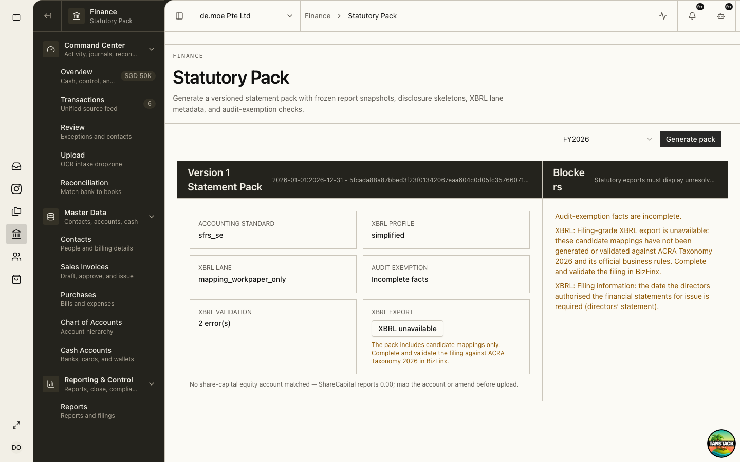 Statutory Pack page with XBRL lane and audit-exemption facts