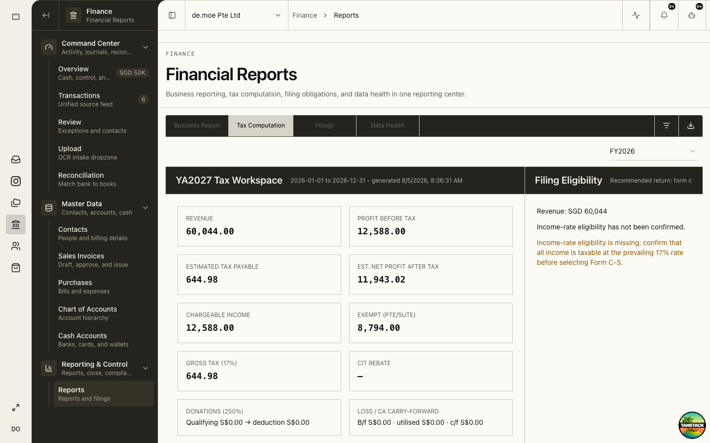 Corporate Tax page with YA schedules, add-backs, and allowances