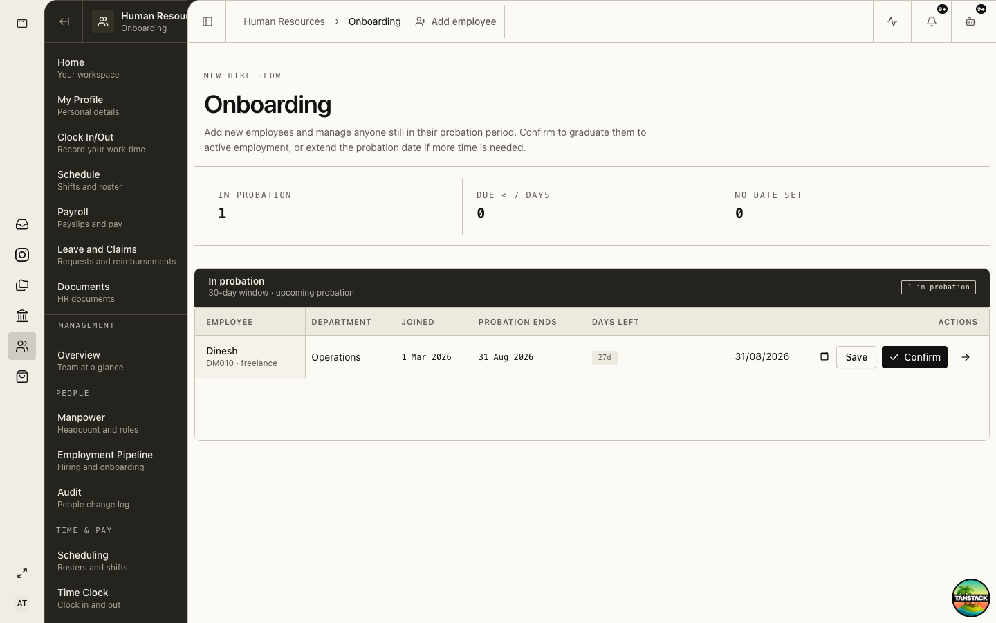 HR Onboarding workspace with employee and probation controls