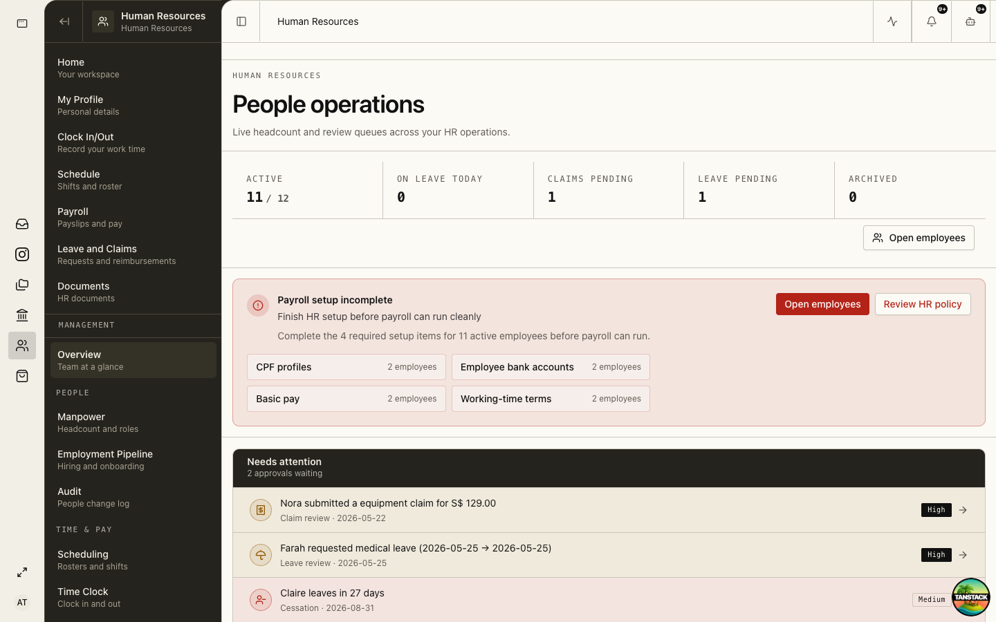 HR People Operations overview with setup blockers and approvals
