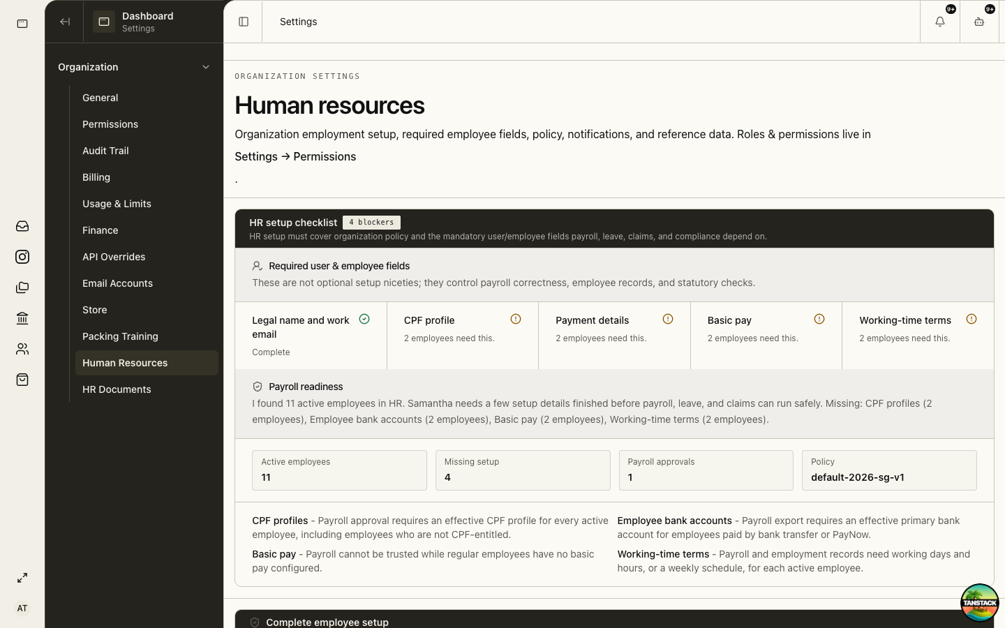 HR setup checklist showing payroll readiness blockers