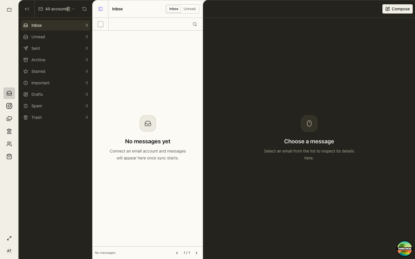 Shared Inbox showing account switcher, mailbox folders, list, and message pane