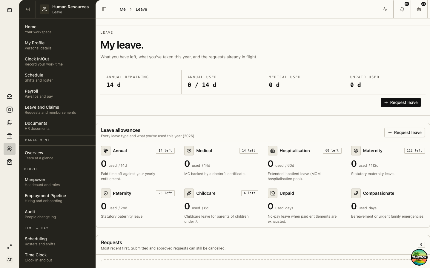 Employee leave self-service page with balance and request history