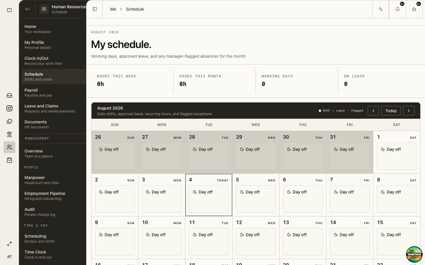 Employee schedule showing rostered work and weekly context