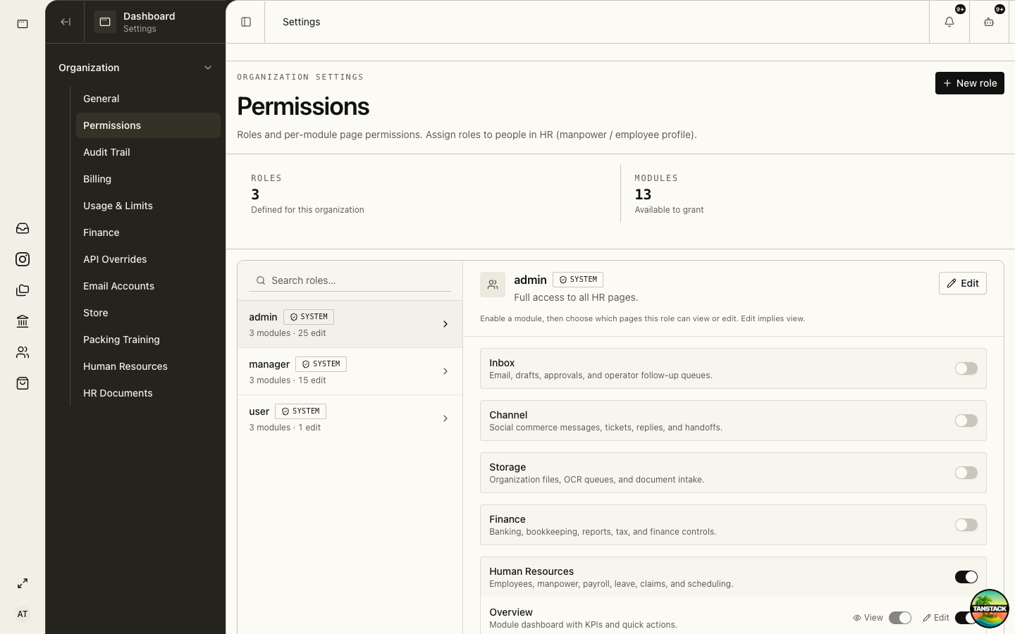 Organization permissions settings showing roles and module access