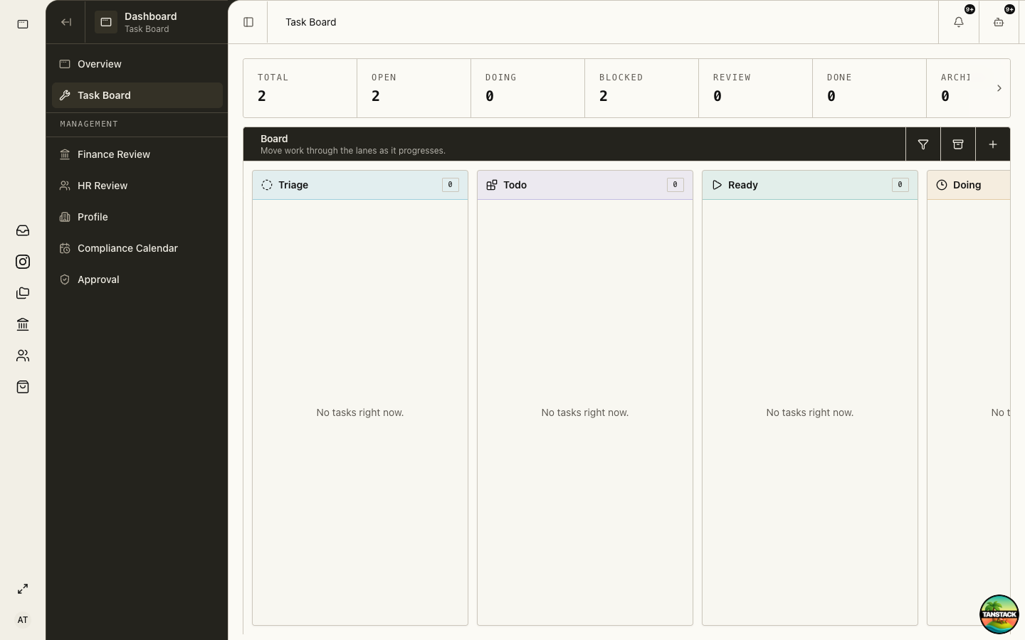 Task Board with work organized into lifecycle lanes